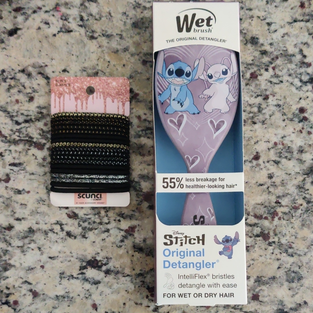 Disney Stitch Wet Brush with Black and Gold Hair Ties